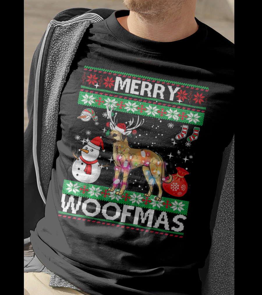 Merry Woofmas Anatolian Shepherd Reindeer Lights Holiday Sweater Snowman Stockings T-Shirt