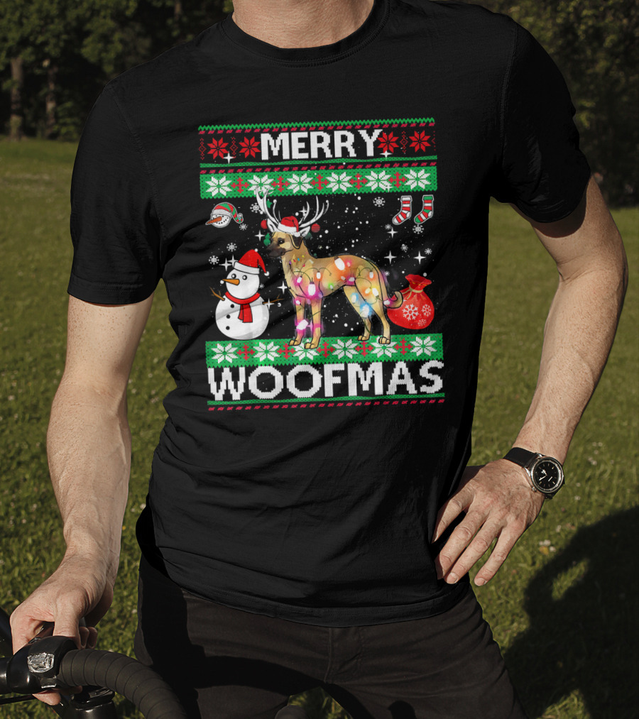 Merry Woofmas Anatolian Shepherd Reindeer Lights Holiday Sweater Snowman Stockings T-Shirt
