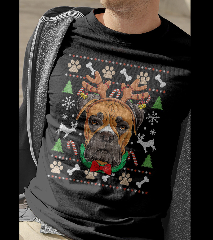 Boxer Ugly Christmas Reindeer Antlers Candy Canes Snowflakes Green Trees T-Shirt