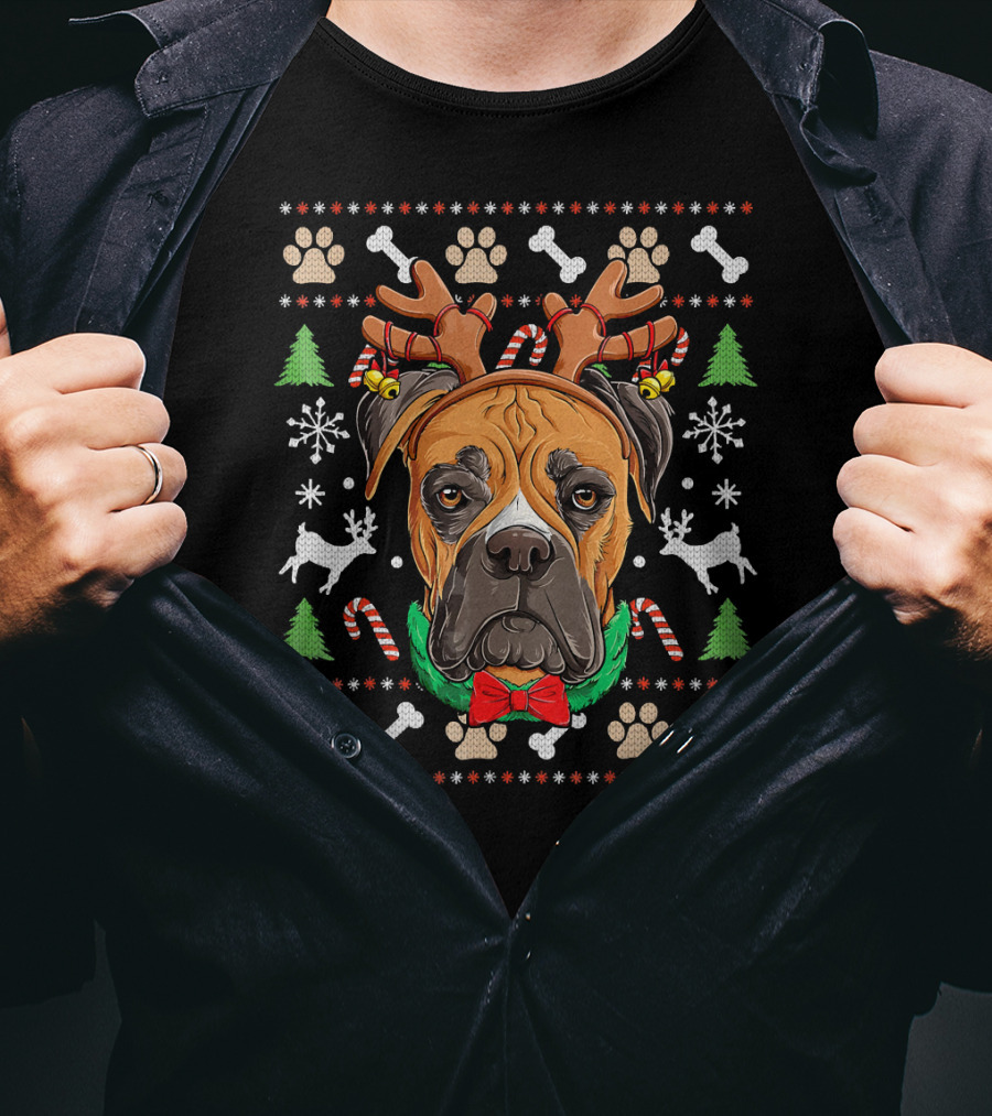 Boxer Ugly Christmas Reindeer Antlers Candy Canes Snowflakes Green Trees T-Shirt