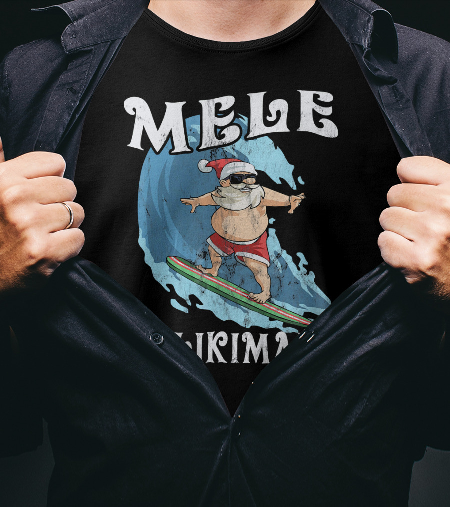 Mele Kalikimaka Funny Santa Surfing Wave T-Shirt
