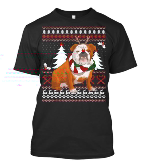 English Bulldog Festive Christmas Sweater With Reindeer Antlers T-Shirt