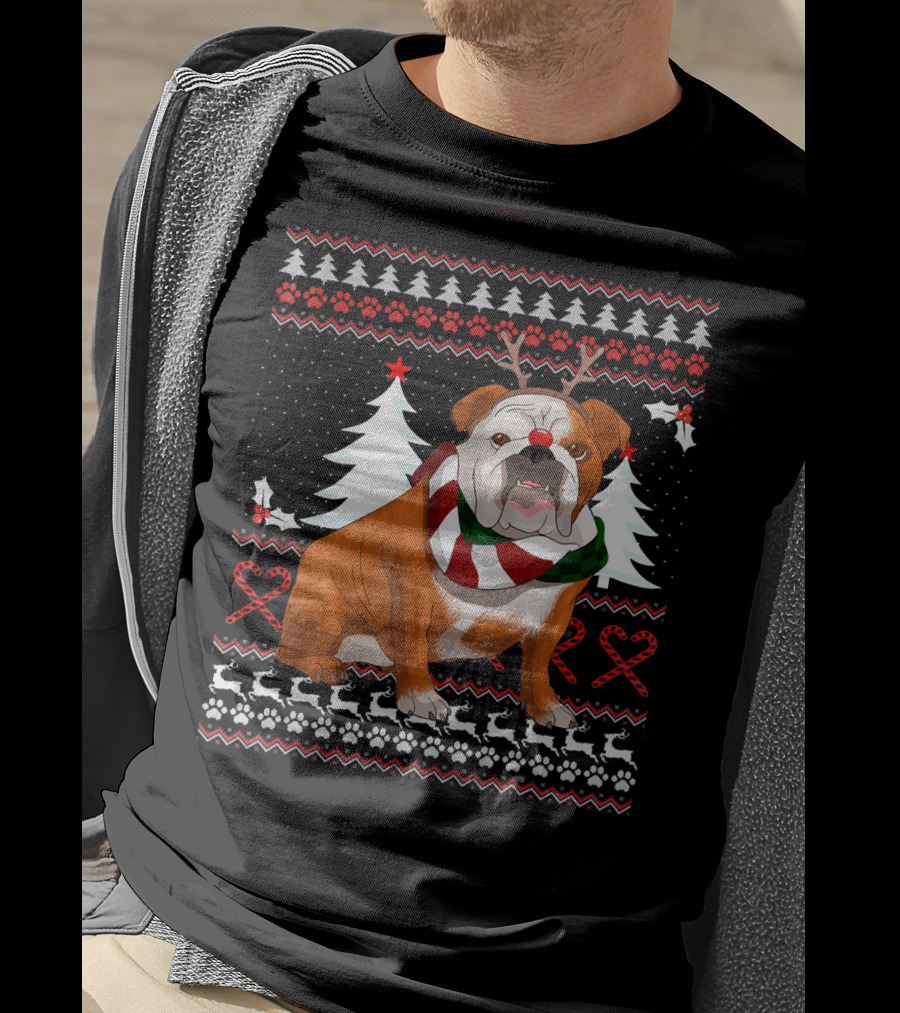 English Bulldog Festive Christmas Sweater With Reindeer Antlers T-Shirt