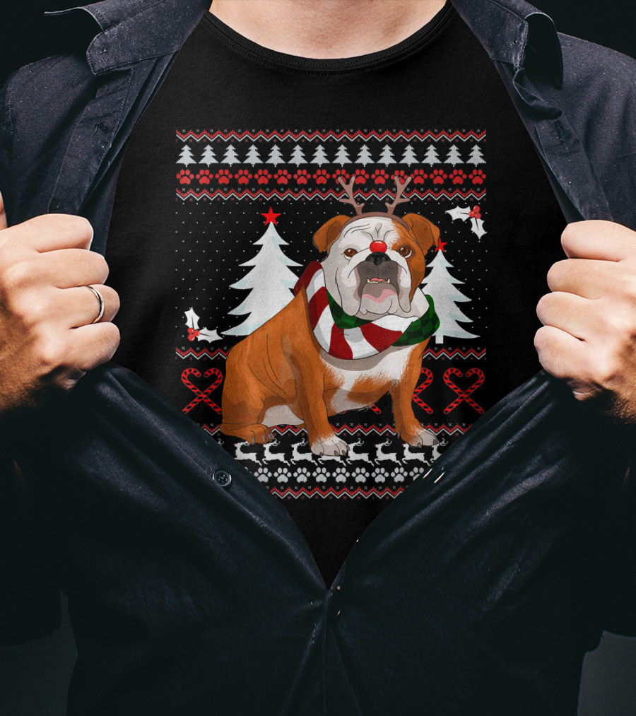English Bulldog Festive Christmas Sweater With Reindeer Antlers T-Shirt