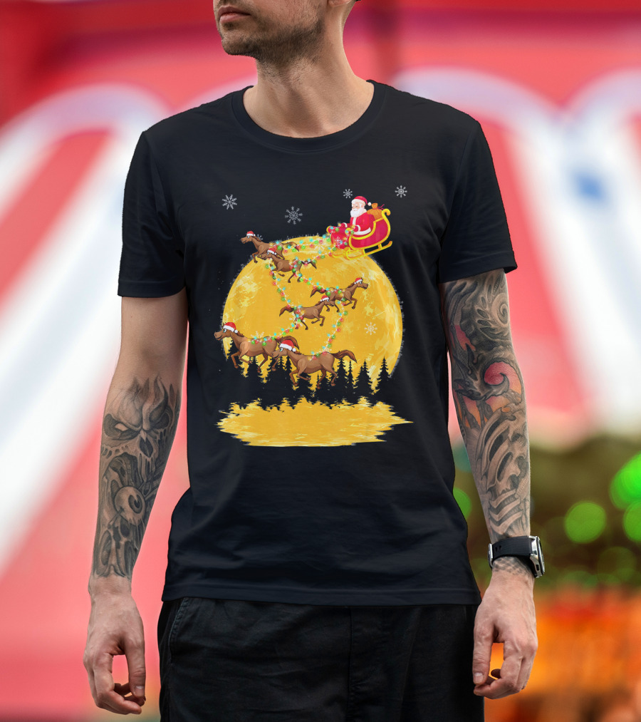 Santa Claus on Sleigh with Horses and Christmas Moon T-Shirt