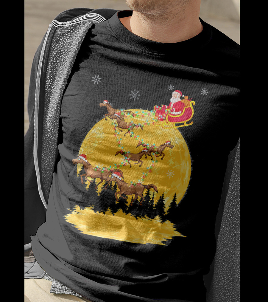 Santa Claus On Sleigh With Horses And Christmas Moon T-Shirt