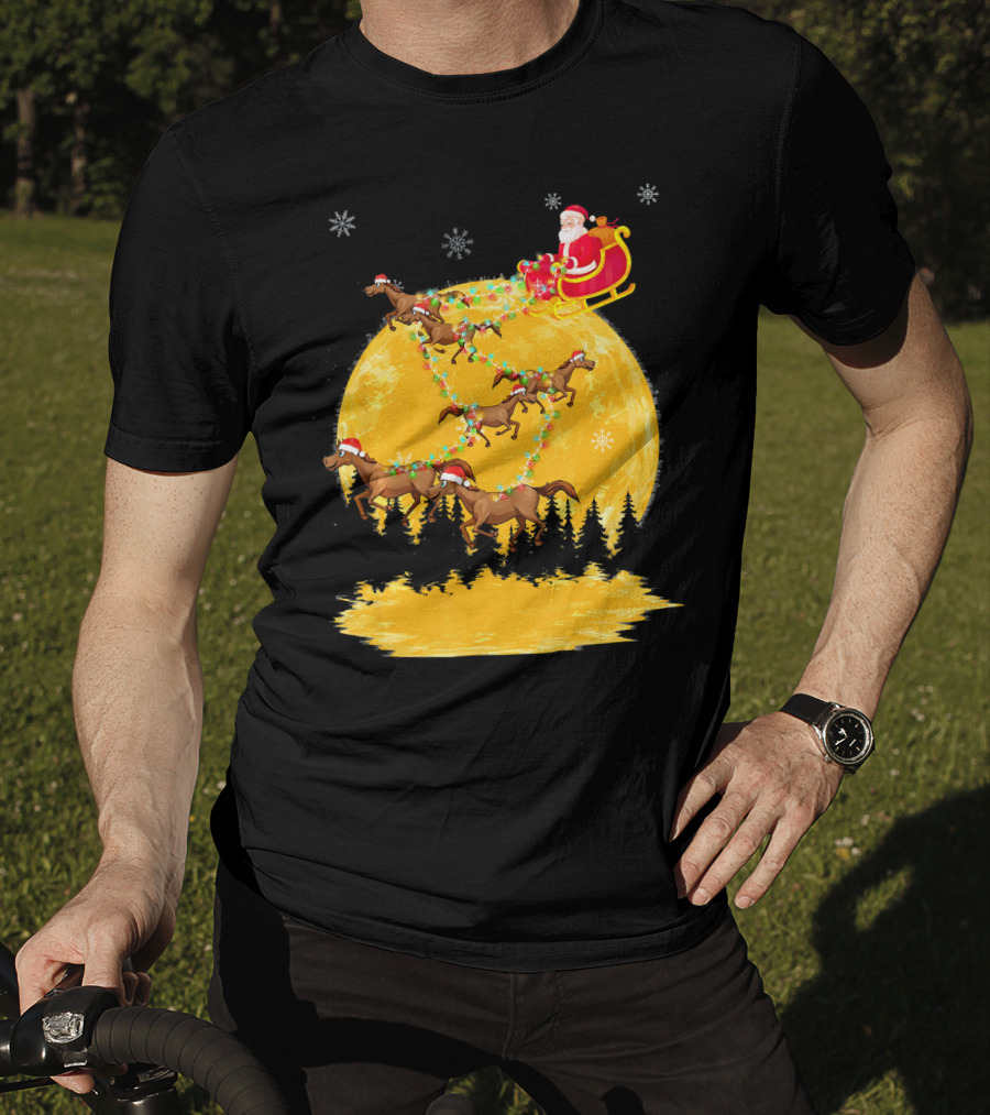 Santa Claus On Sleigh With Horses And Christmas Moon T-Shirt