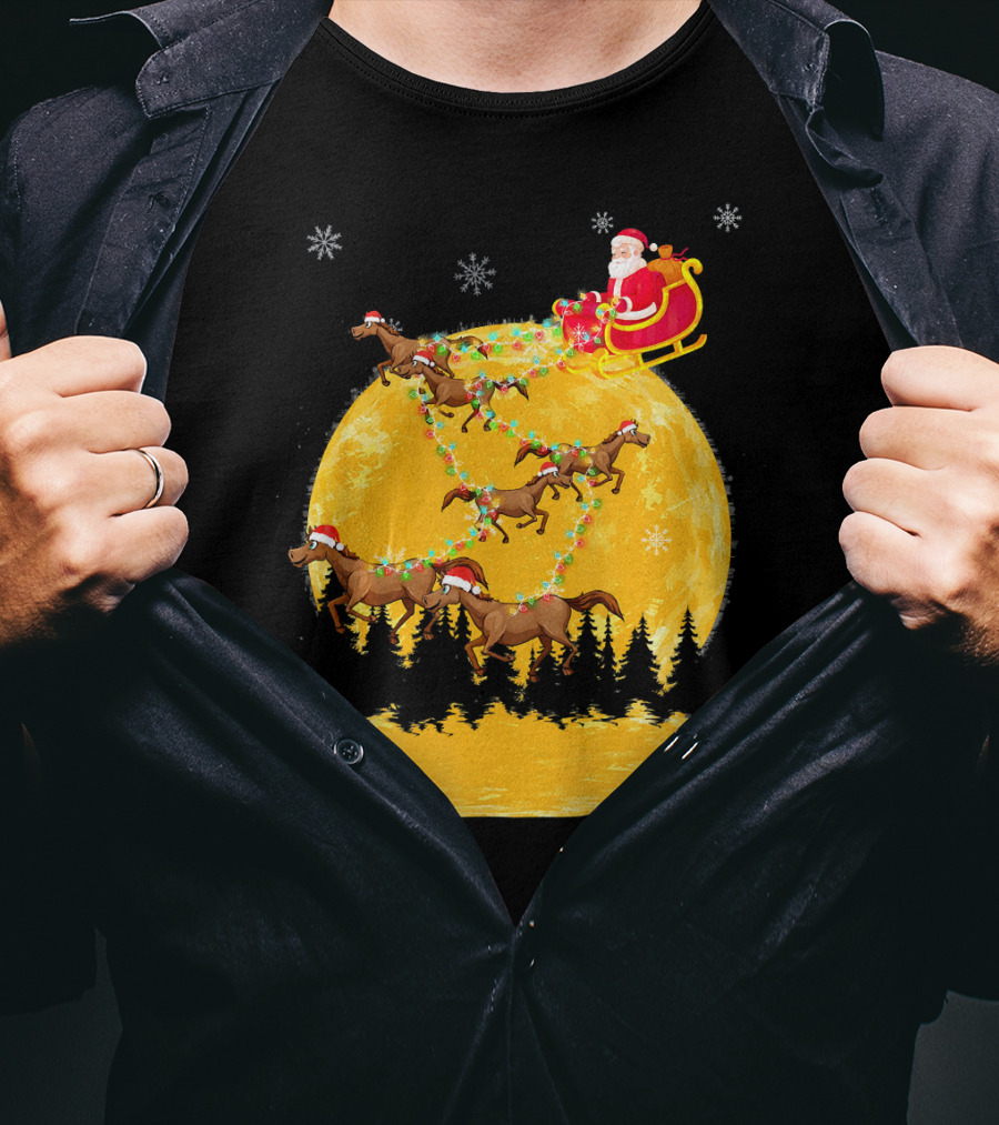 Santa Claus On Sleigh With Horses And Christmas Moon T-Shirt