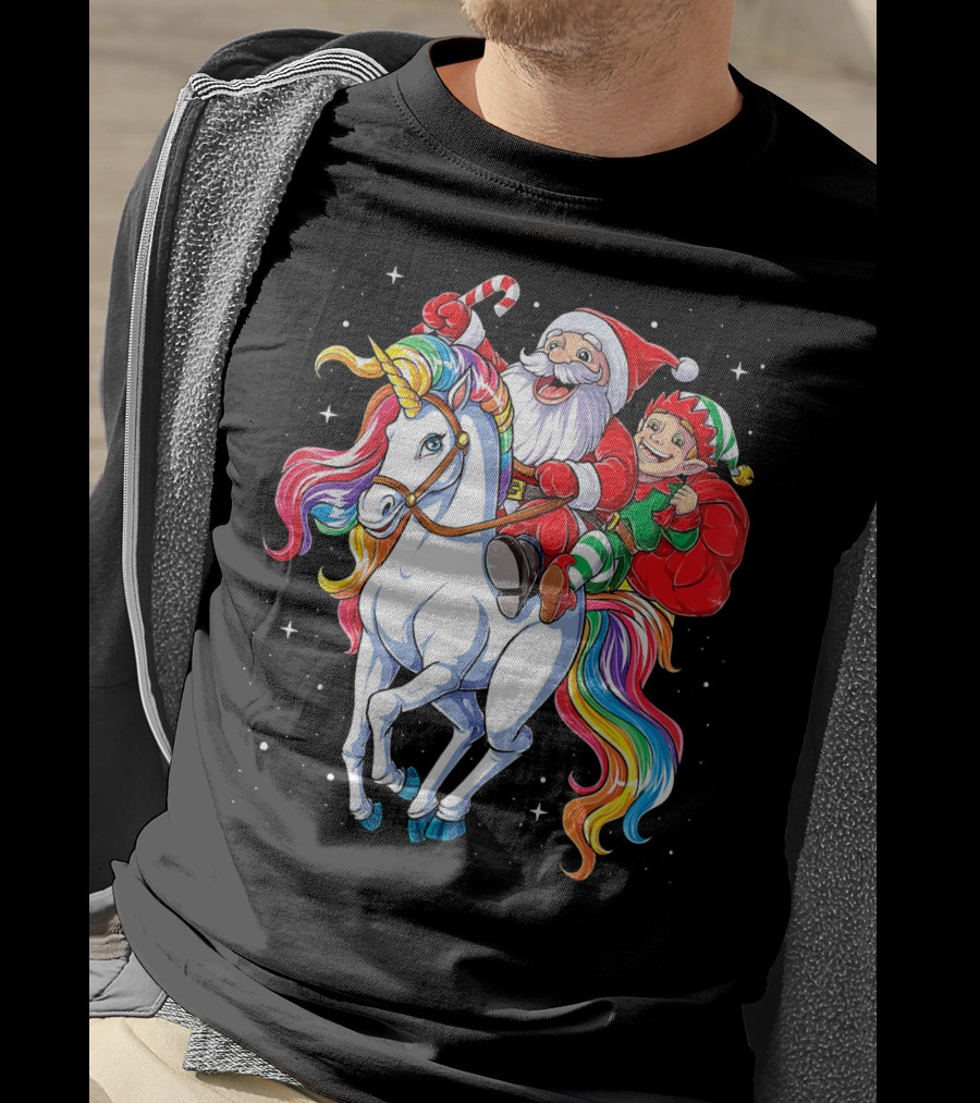 Santa And Elf Riding Rainbow Unicorn Christmas Magic T-Shirt