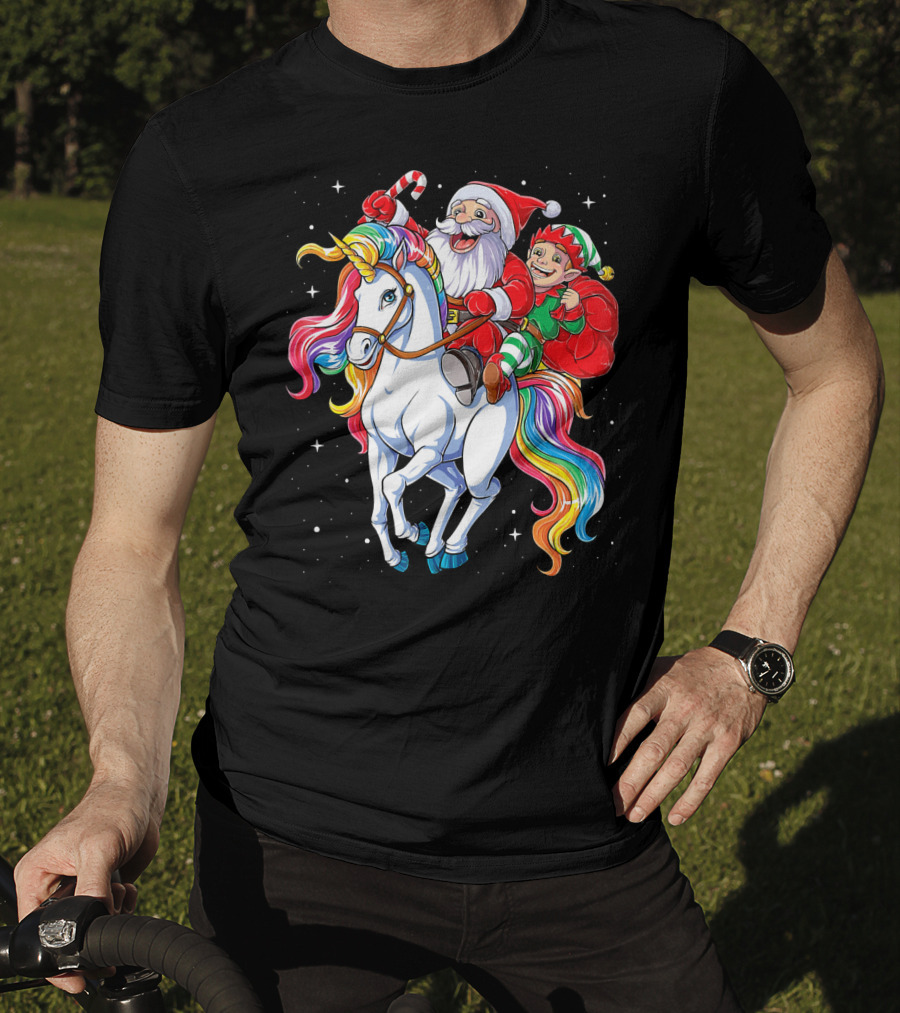 Santa And Elf Riding Rainbow Unicorn Christmas Magic T-Shirt