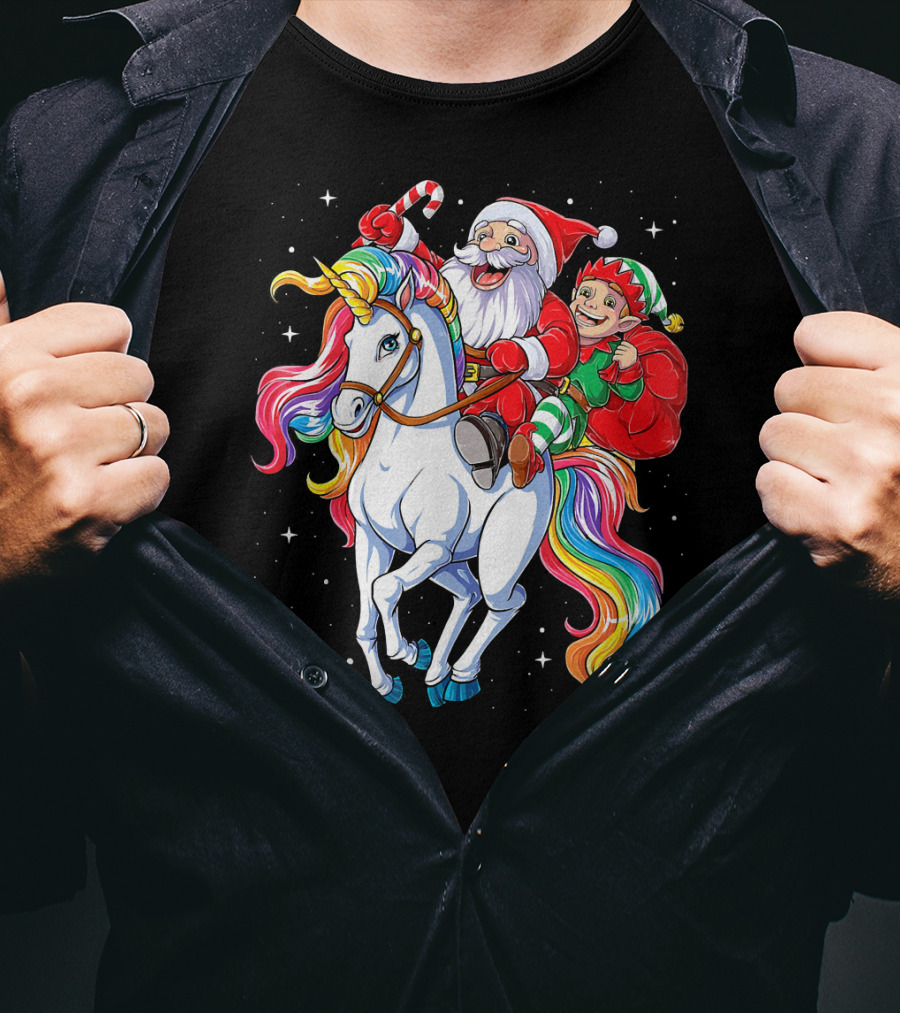 Santa And Elf Riding Rainbow Unicorn Christmas Magic T-Shirt