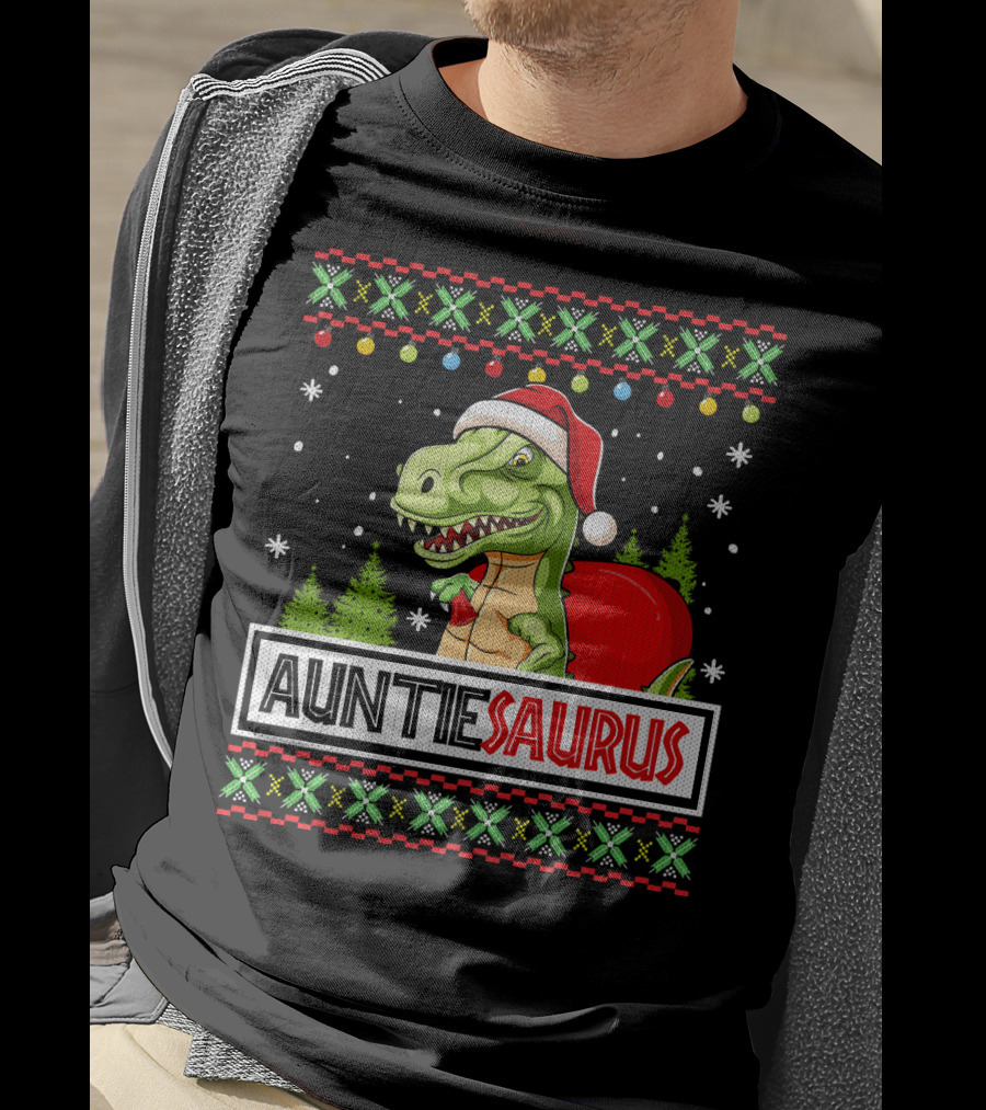 Auntiesaurus Funny Auntie Dinosaur Christmas Sweater T-Rex Santa Hat T-Shirt