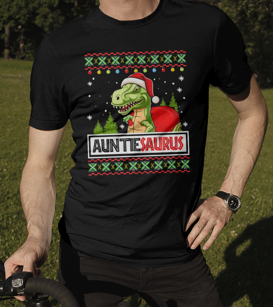 Auntiesaurus Funny Auntie Dinosaur Christmas Sweater T-Rex Santa Hat T-Shirt