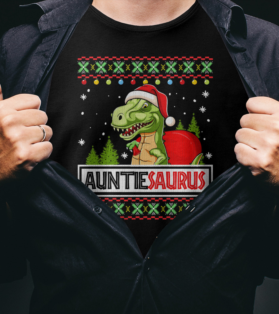 Auntiesaurus Funny Auntie Dinosaur Christmas Sweater T-Rex Santa Hat T-Shirt