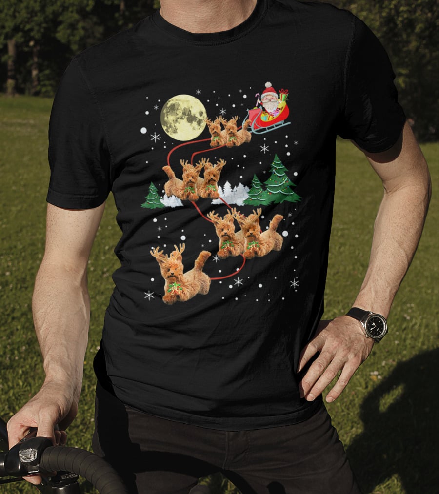 Funny Reindeer Dogs With Santa Sleigh Under Full Moon T-Shirt