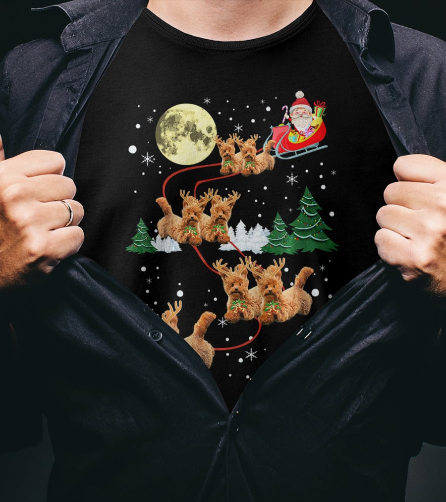 Funny Reindeer Dogs With Santa Sleigh Under Full Moon T-Shirt