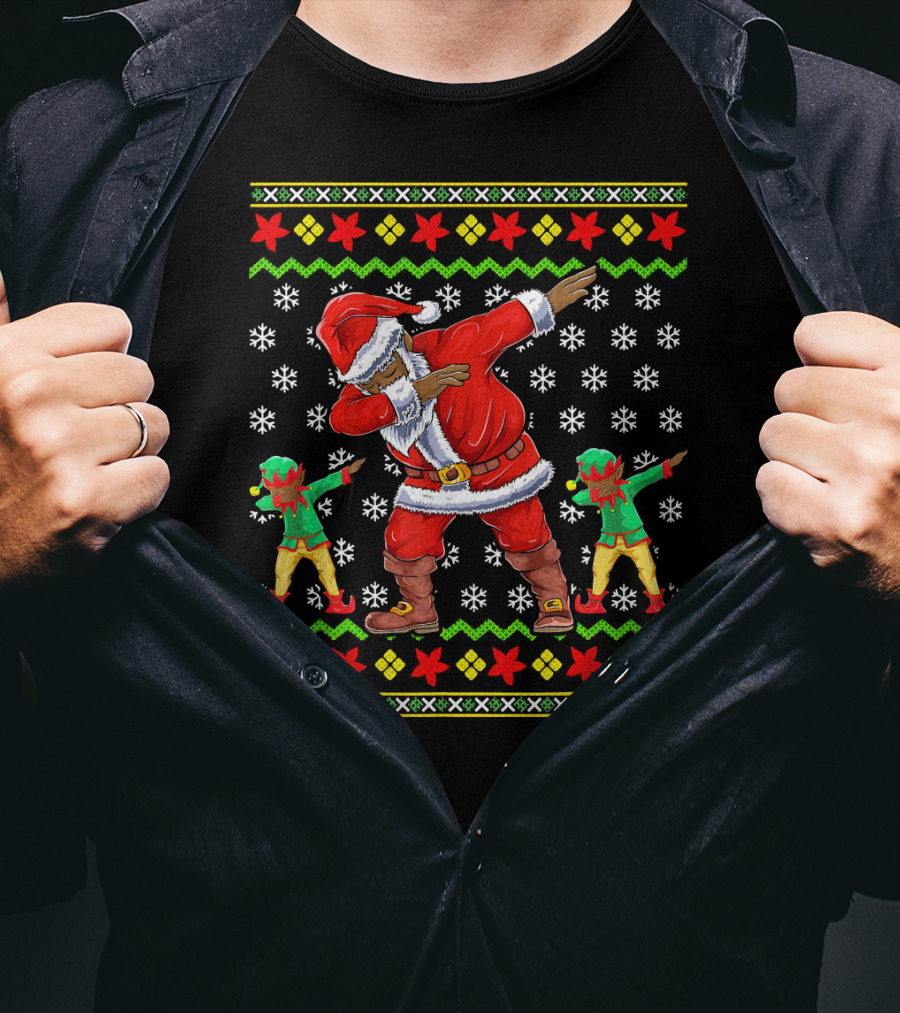 Christmas African American Dabbing Santa With Elves T-Shirt