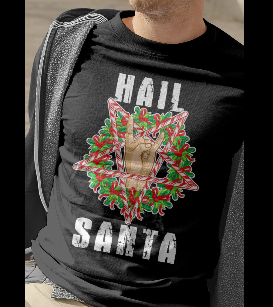 Hail Santa Candy Cane Wreath Hand Sign T-Shirt