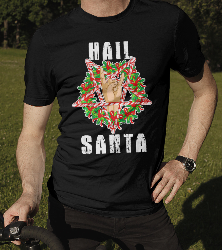 Hail Santa Candy Cane Wreath Hand Sign T-Shirt