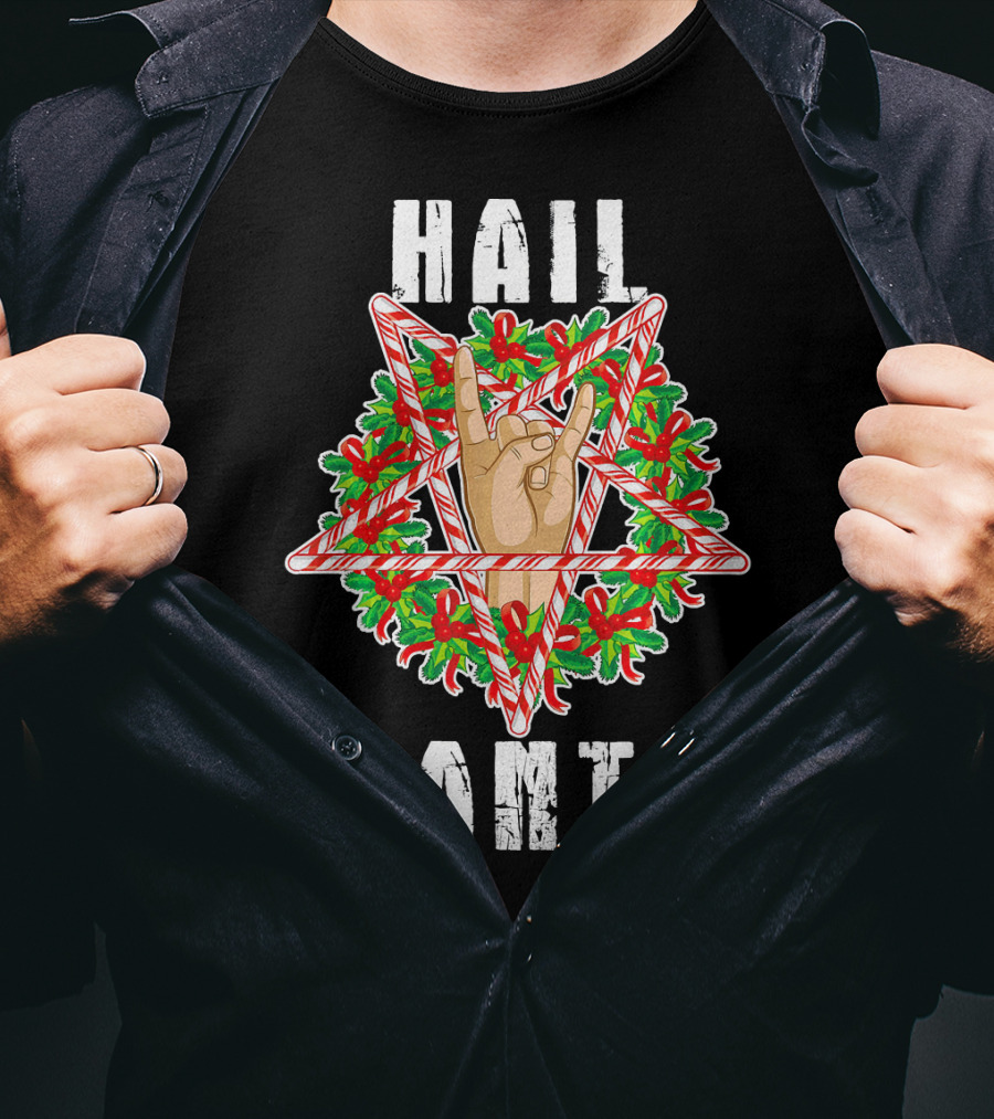 Hail Santa Candy Cane Wreath Hand Sign T-Shirt