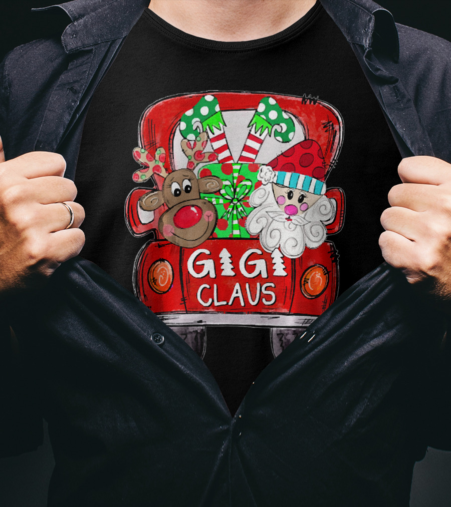 GiGi Claus Christmas Red Truck Reindeer With Gifts And Candy Canes T-Shirt