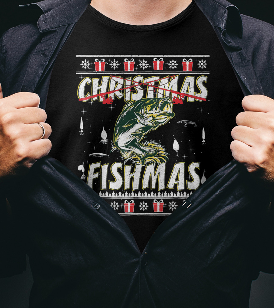 Christmas Fishmas Funny Fishing Presents Snowflakes T-Shirt
