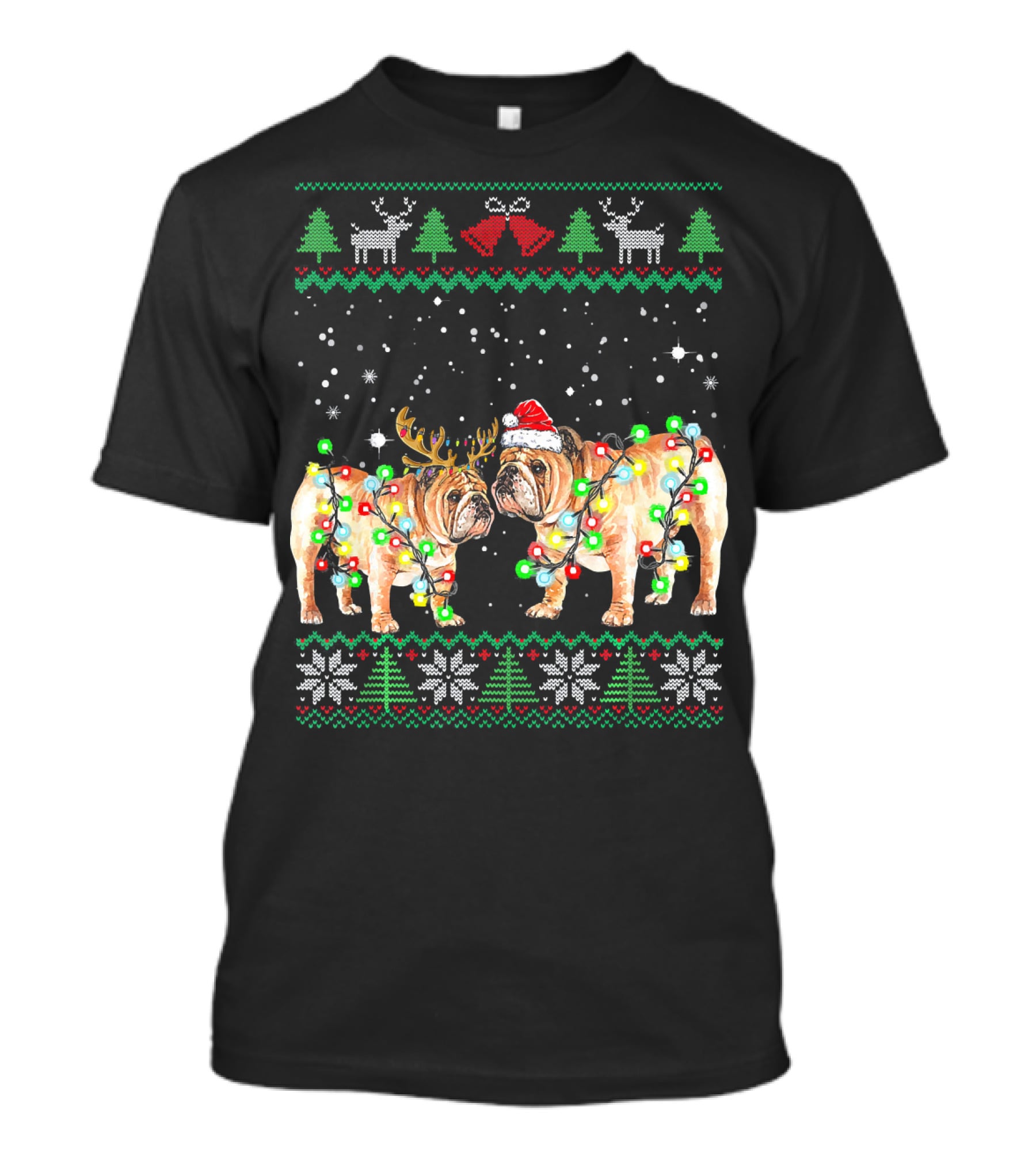 Bulldog Ugly Christmas Sweater With Santa Hat And Reindeer Antlers T-Shirt
