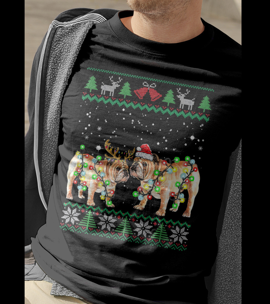 Bulldog Ugly Christmas Sweater With Santa Hat And Reindeer Antlers T-Shirt