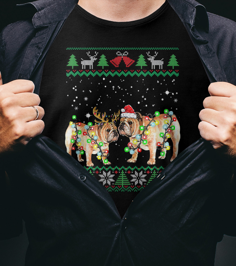 Bulldog Ugly Christmas Sweater With Santa Hat And Reindeer Antlers T-Shirt