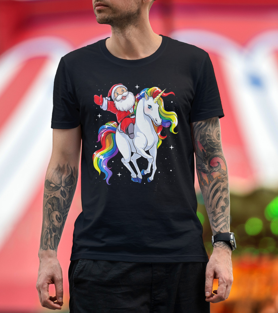 Santa Riding Magical Rainbow Unicorn T-Shirt