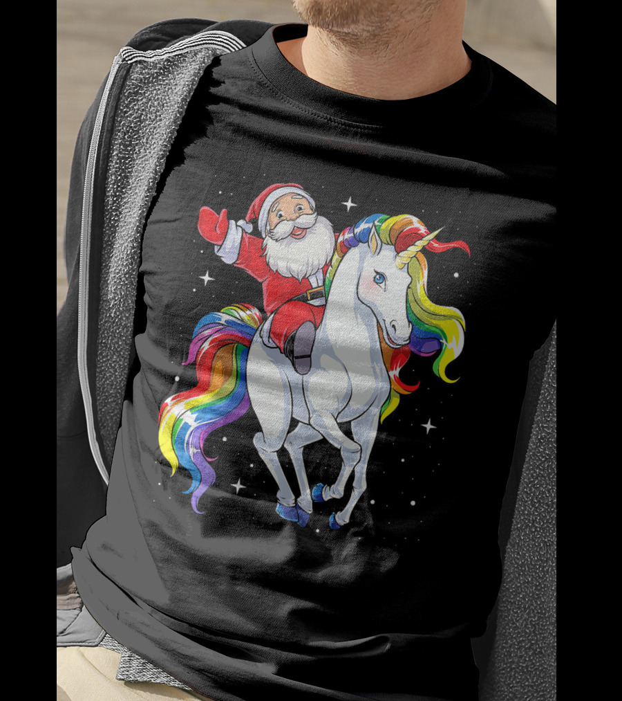 Santa Riding Magical Rainbow Unicorn T-Shirt