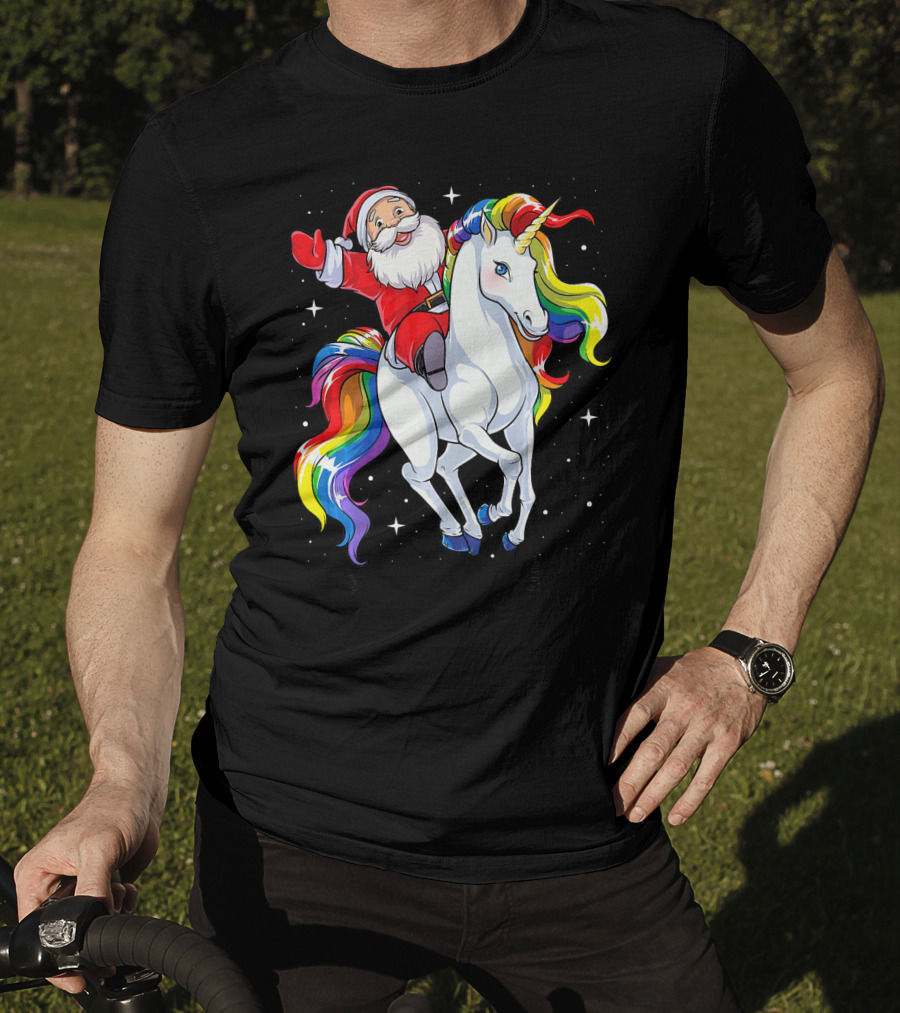 Santa Riding Magical Rainbow Unicorn T-Shirt