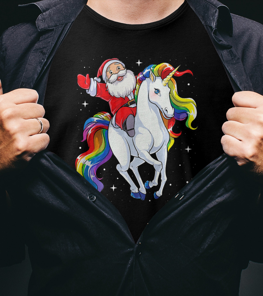 Santa Riding Magical Rainbow Unicorn T-Shirt