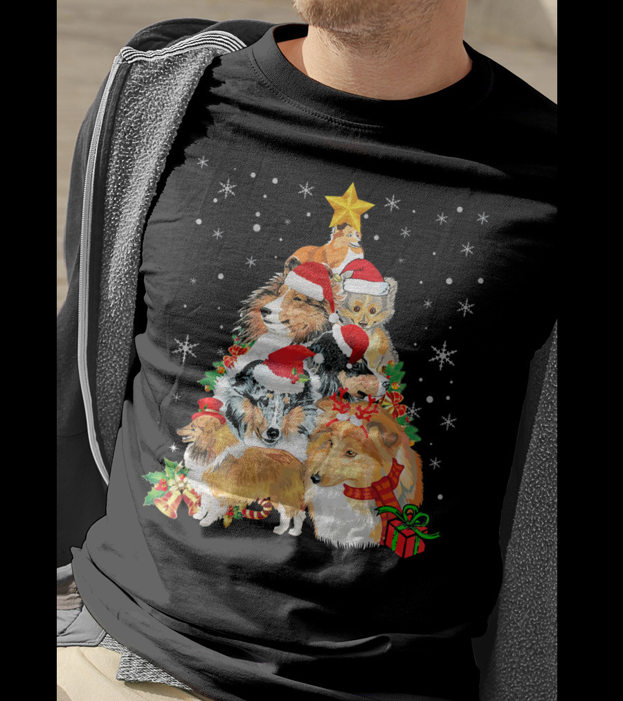 Sheltie Dogs In Santa Hats Forming Christmas Tree With Stars And Gifts T-Shirt
