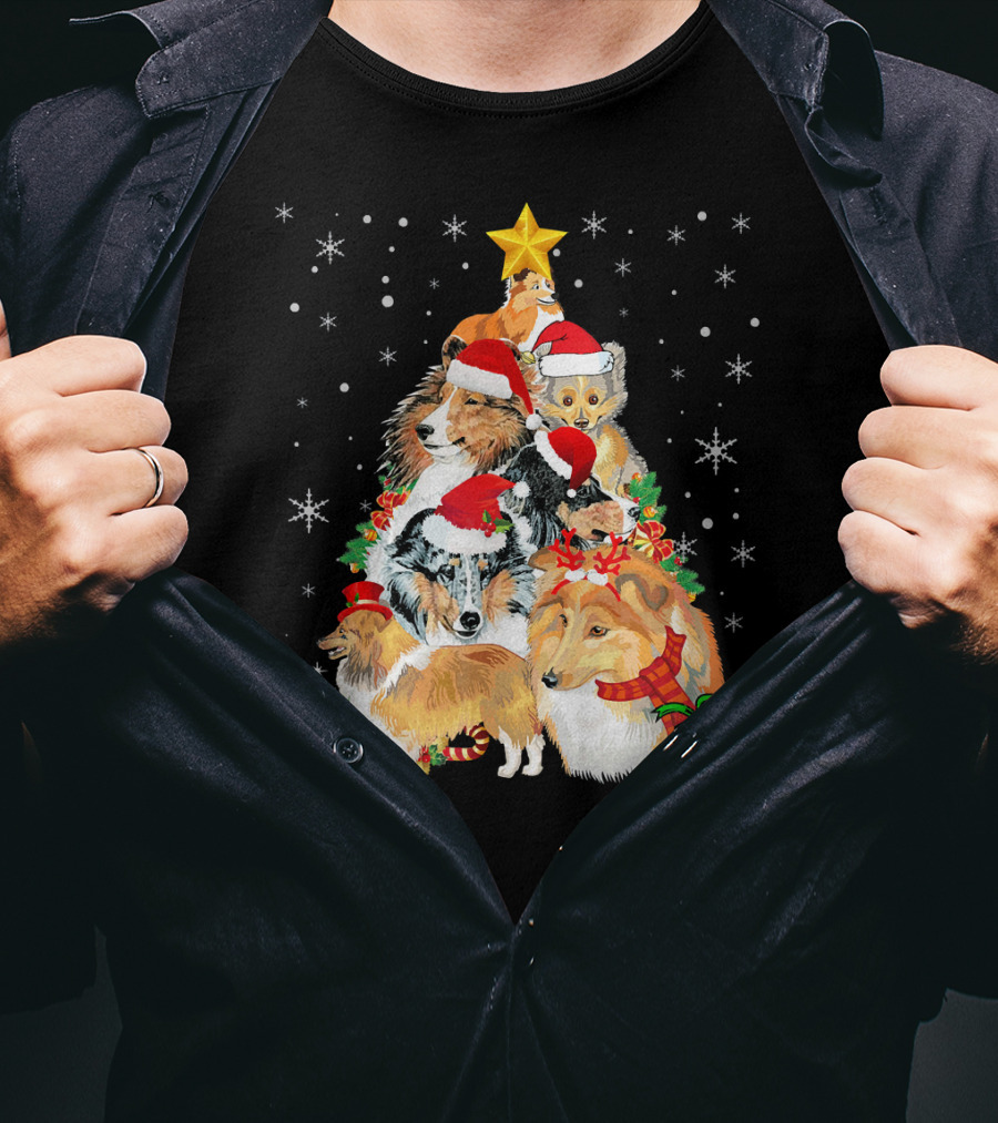 Sheltie Dogs In Santa Hats Forming Christmas Tree With Stars And Gifts T-Shirt