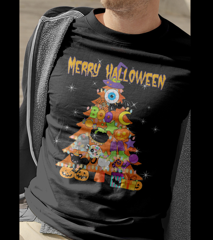 Merry Halloween Tree With Cute Boo Decorations And Spooky Elements T-Shirt