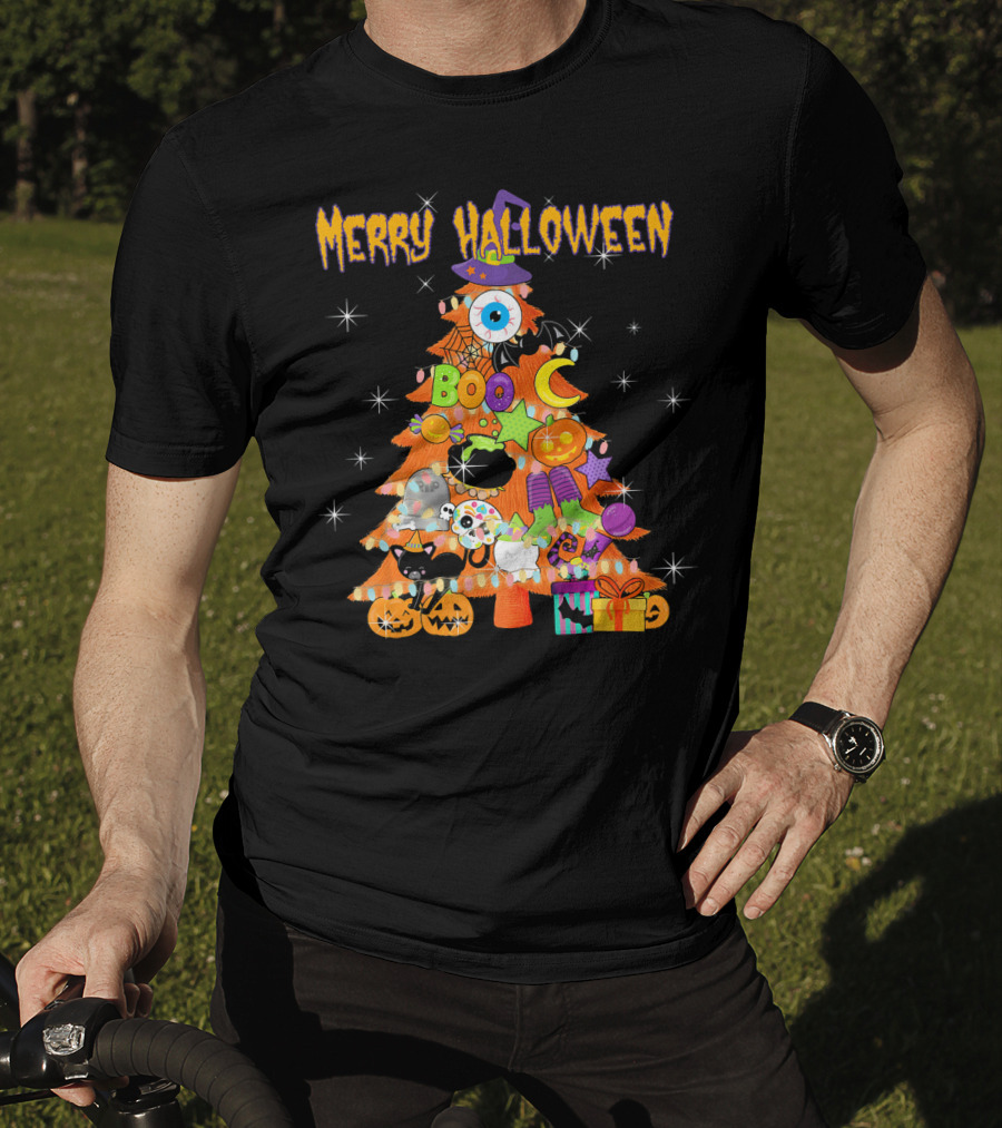 Merry Halloween Tree With Cute Boo Decorations And Spooky Elements T-Shirt