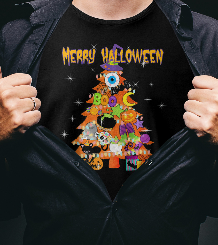 Merry Halloween Tree With Cute Boo Decorations And Spooky Elements T-Shirt