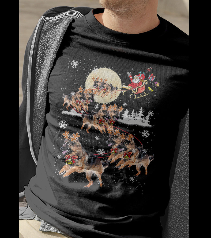 German Shepherd Dog Merry Santa Sleigh Christmas Snowflakes T-Shirt