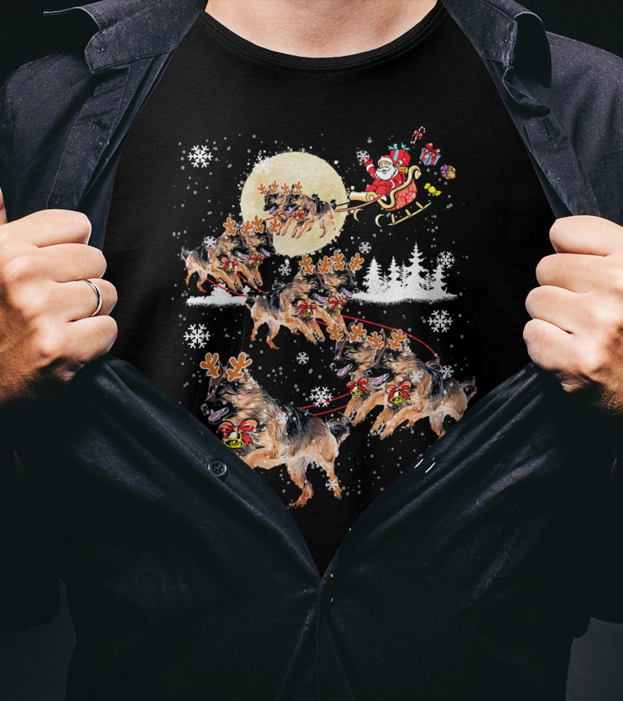 German Shepherd Dog Merry Santa Sleigh Christmas Snowflakes T-Shirt