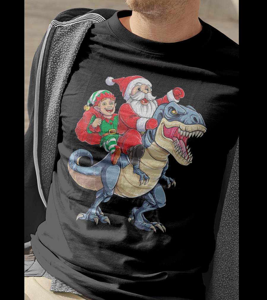 Santa Elf Riding Dinosaur Christmas Boys T-Shirt