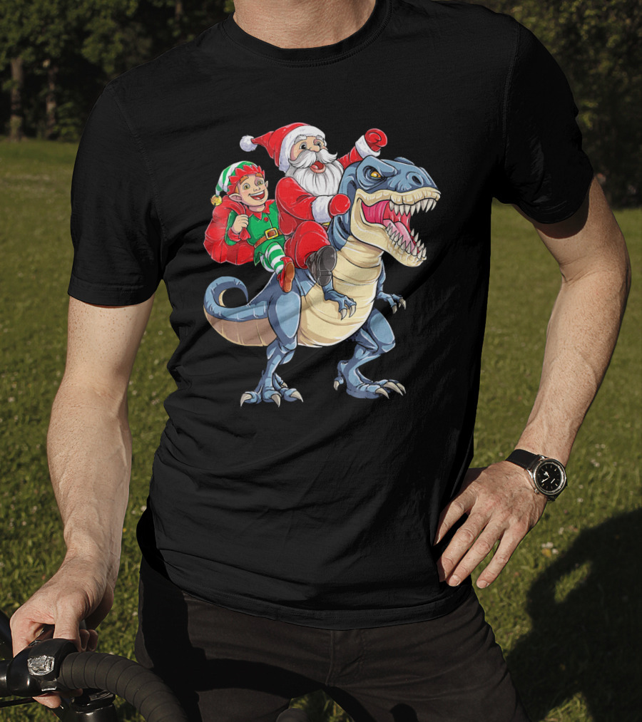 Santa Elf Riding Dinosaur Christmas Boys T-Shirt