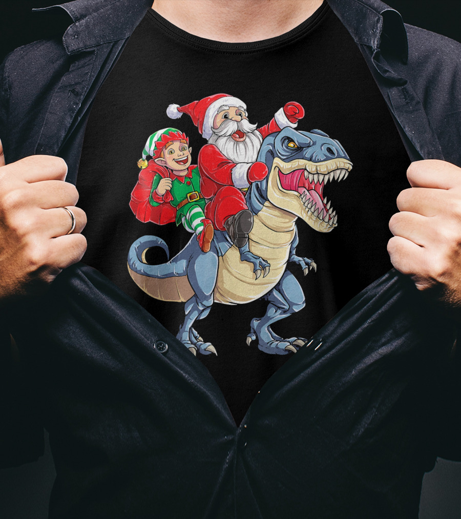 Santa Elf Riding Dinosaur Christmas Boys T-Shirt