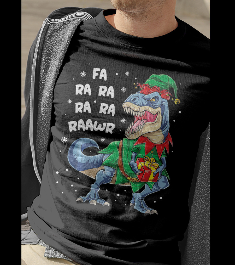 Fa Ra Ra Ra Ra Rawr Dinosaur Christmas Elf With Gift T-Shirt