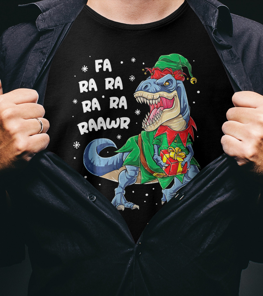 Fa Ra Ra Ra Ra Rawr Dinosaur Christmas Elf With Gift T-Shirt