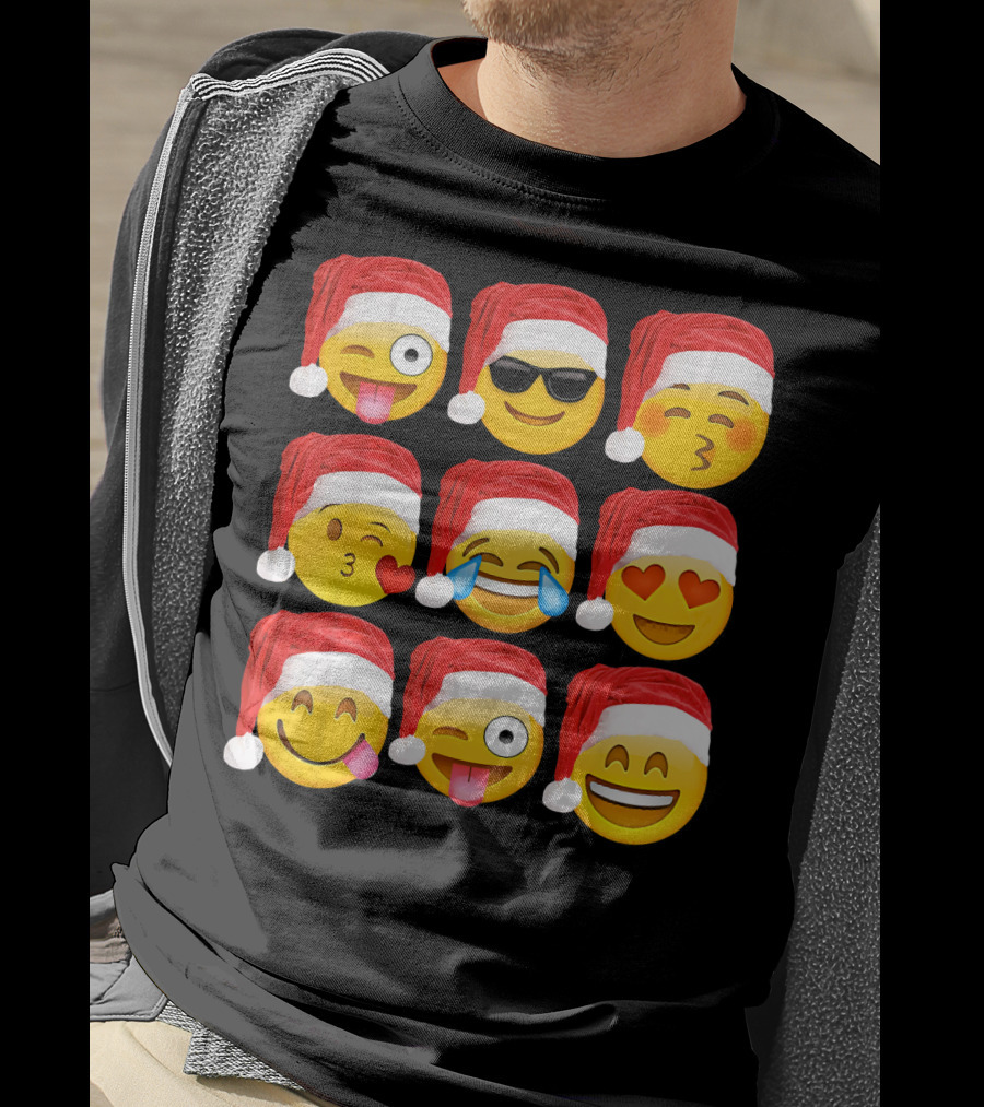 Emoji Christmas Santa Hats Heart Eyes Kiss Faces T-Shirt