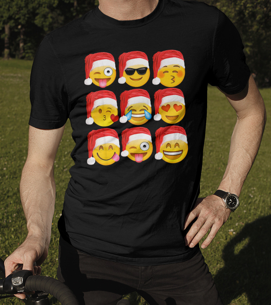 Emoji Christmas Santa Hats Heart Eyes Kiss Faces T-Shirt