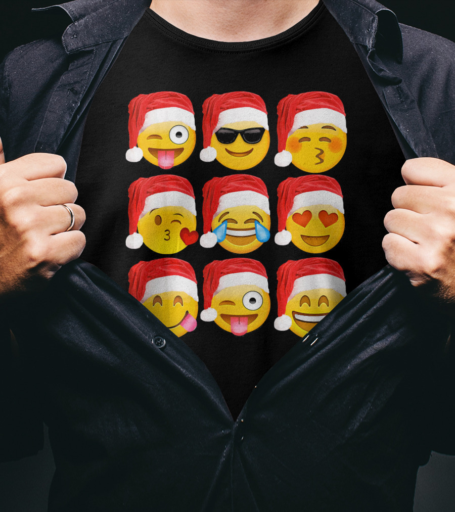 Emoji Christmas Santa Hats Heart Eyes Kiss Faces T-Shirt