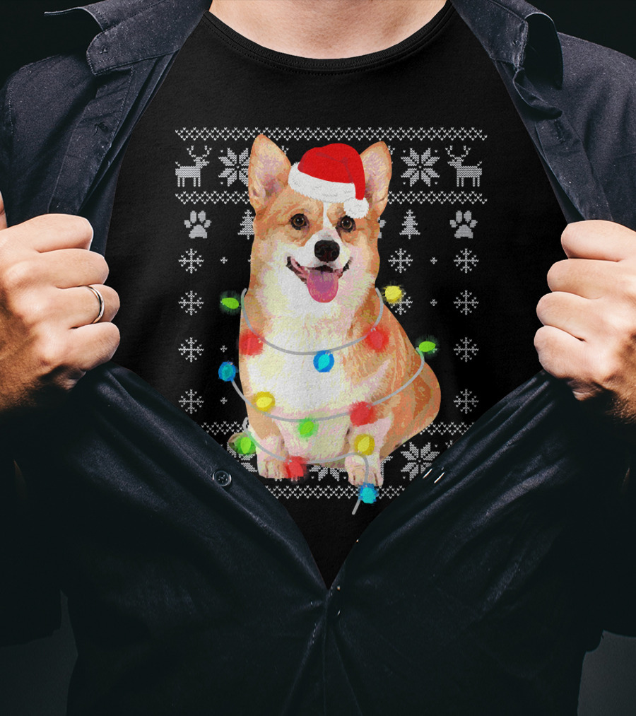 Corgi UglyStyle Christmas Lights Snowflakes Reindeer Dog T-Shirt