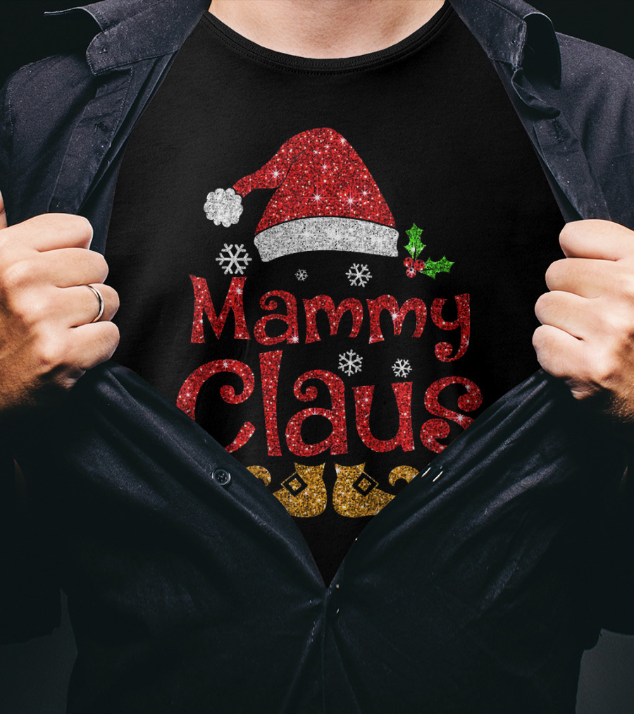 Mammy Claus Funny Santa Hat Snowflakes Holly Glitter Red Gold T-Shirt